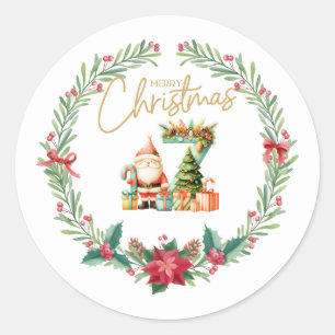 Monogram letterZ, Christmas Wreath w/ Santa Claus Classic Round Sticker