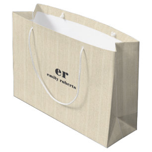 Monogram Light Beige Burlap Grey Typography Large Gift Bag