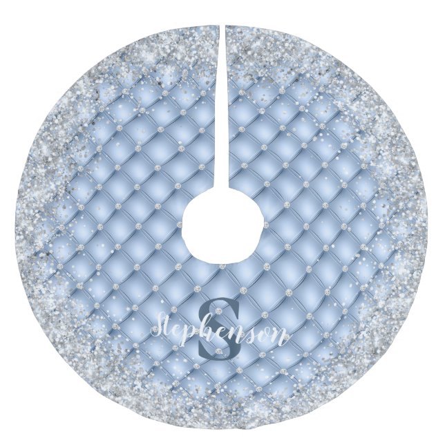 Monogram Light Blue Tufted Diamond Silver Glitter Brushed Polyester Tree Skirt (Front)