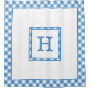 Monogram Light Blue White Buffalo Check Border Shower Curtain