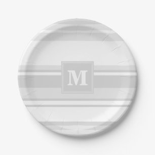 Monogram light grey stripes paper plate