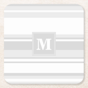 Monogram light grey stripes square paper coaster