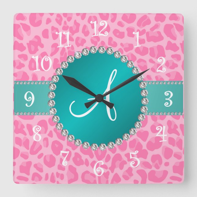 Monogram light pink leopard print turquoise circle square wall clock (Front)