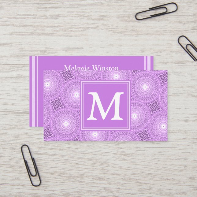 Monogram lilac purple circles pattern business card (Front/Back In Situ)