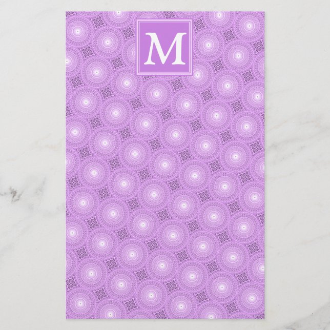 Monogram lilac purple circles pattern stationery (Front)