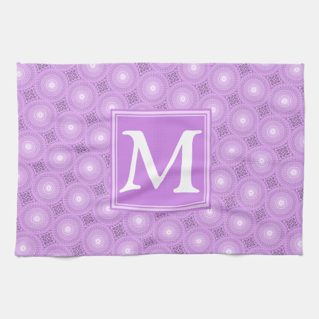 Monogram lilac purple circles pattern tea towel (Horizontal)