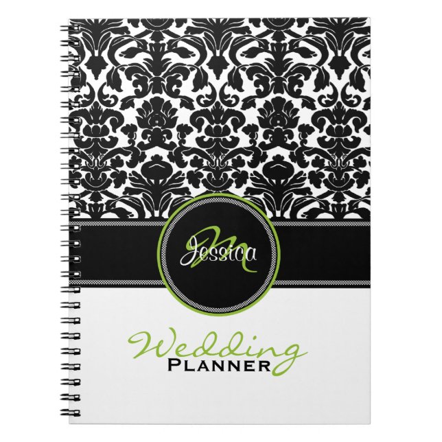 Monogram Lime Black White Damask Wedding Planner Spiral Notebook (Front)