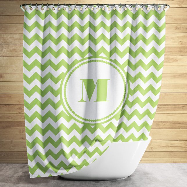 Monogram Lime Green And White Chevron Pattern Shower Curtain (Modern Monogram Green Chevron Stripes Shower Curtain)