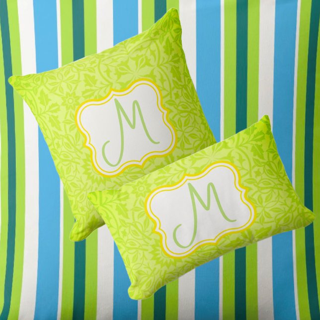Monogram Lime Green Floral Outdoor Pillow (Lemonade or limeade? Which do you prefer? This lemony lime monogramed pillow adds some zest!)