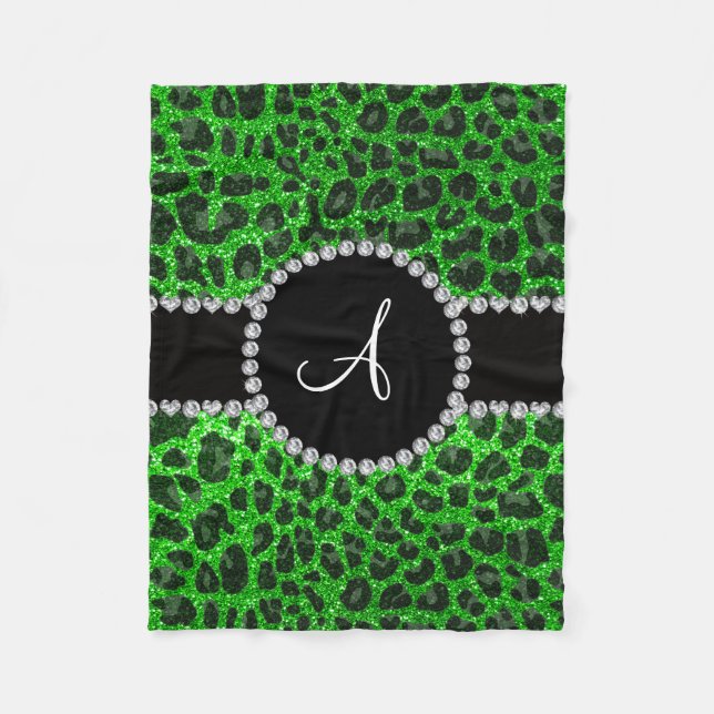 Monogram lime green glitter leopard fleece blanket (Front)