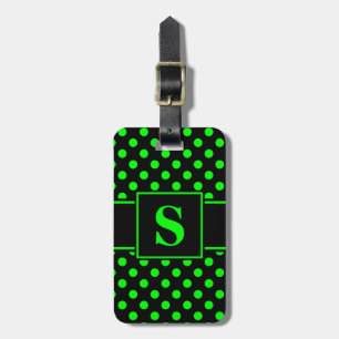 Monogram Lime Green Polka Dots on Black Luggage Tag