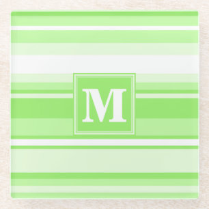 Monogram lime green stripes glass coaster