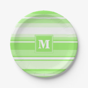 Monogram lime green stripes paper plate