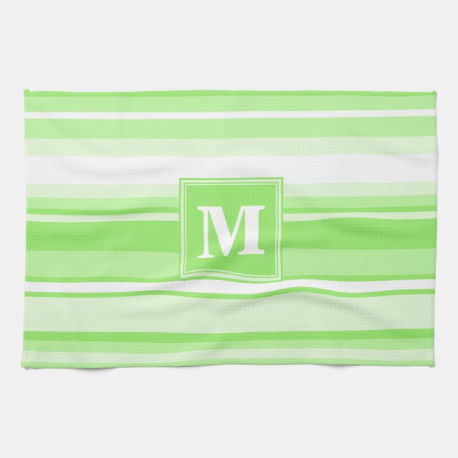 Monogram lime green stripes tea towel (Horizontal)
