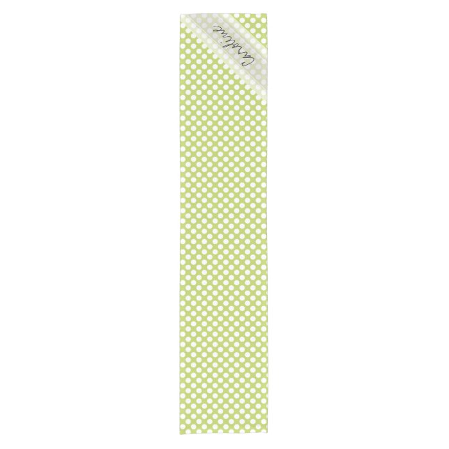 Monogram Lime Green White Trendy Polka Dot Pattern Short Table Runner (Front)