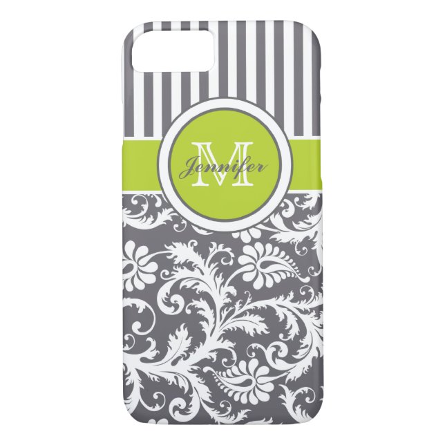 Monogram Lime Grey White Striped Damask Case-Mate iPhone Case (Back)