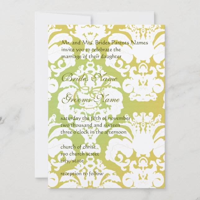 Monogram Lime Light Gold Damask Wedding Invitation (Front)