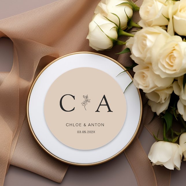 Monogram, Line-Art-Flower, Wedding, Beige-Brown Classic Round Sticker (Creator Uploaded)