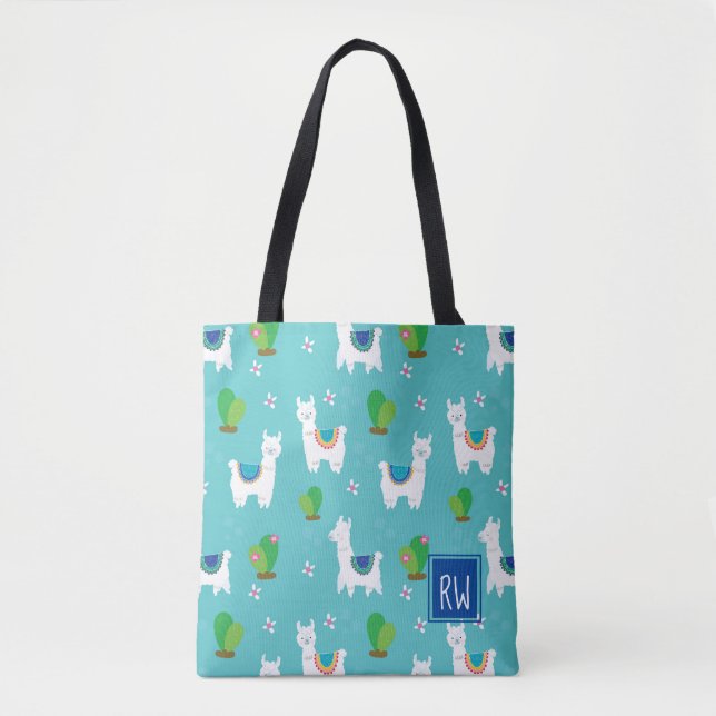 Monogram Llama and Cactus Pattern Tote Bag (Front)