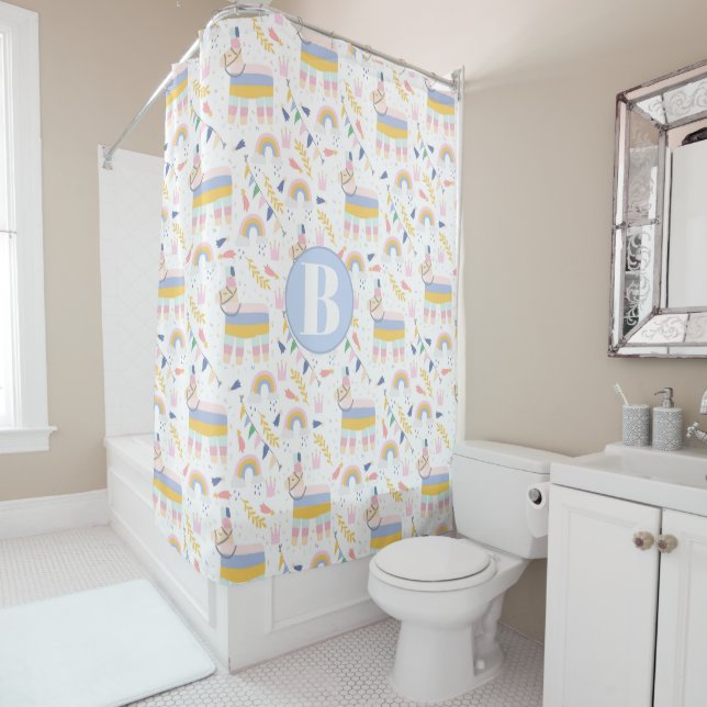 Monogram Llama Rainbow Baby Nursery Shower Curtain (In Situ)