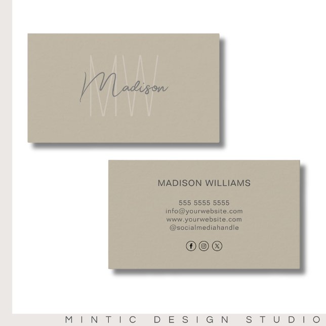 Monogram Logo Beige Modern Social Media Icons Business Card (Monogram Logo Beige Modern Social Media Icons Business Card)