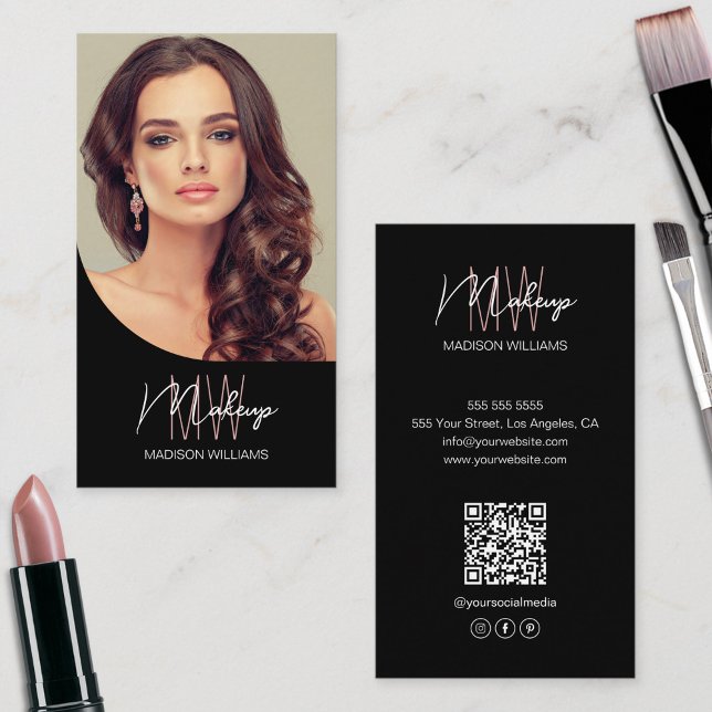 Monogram Logo Photo Makeup Artist Black Business Card (Monogram Logo Photo Makeup Artist Black Business Card)