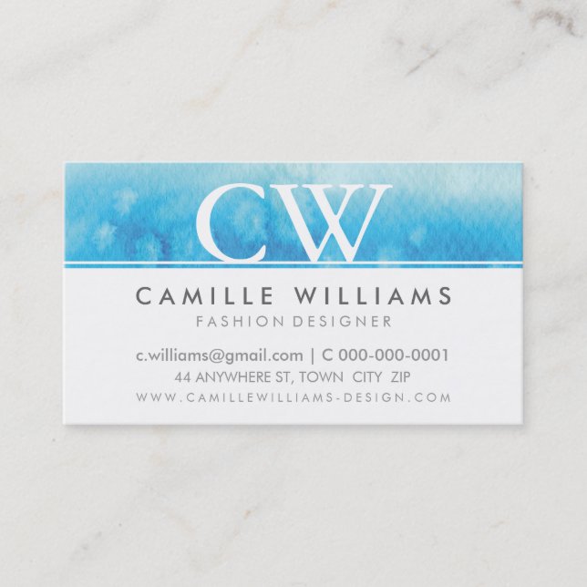 MONOGRAM LOGO whimsical ombre watercolor aqua blue Business Card (Front)
