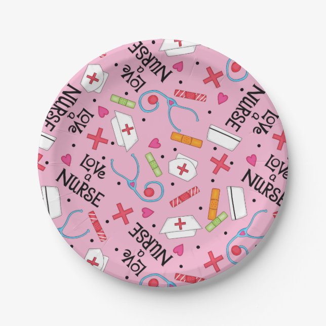Monogram Love A Nurse Whimsy Art Pink Paper Plate (Front)