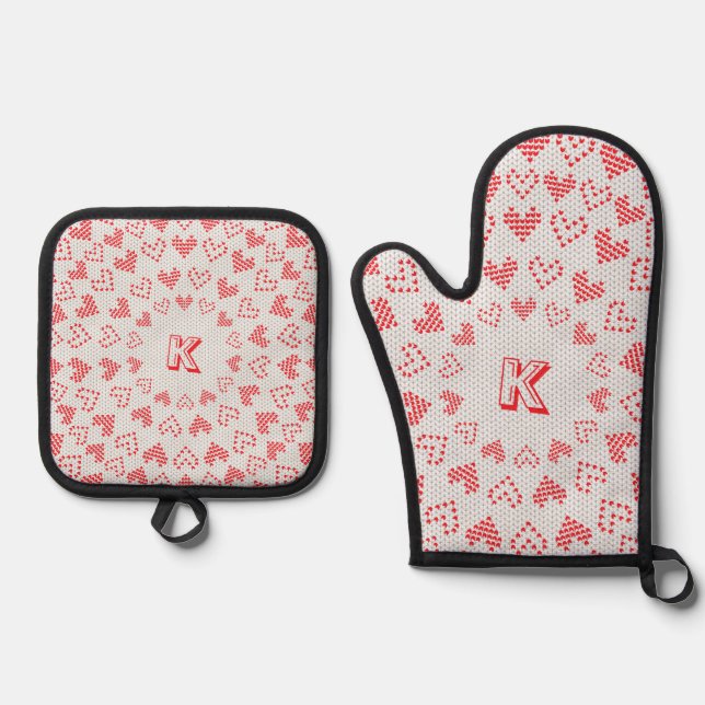  Monogram Love Heart Ugly Christmas Sweater Oven Mitt & Pot Holder Set (Front)