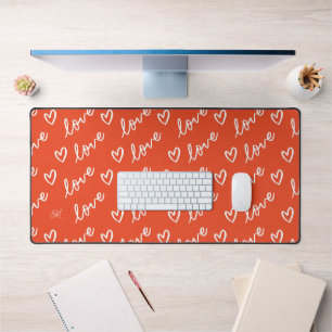 Monogram Love Hearts & Lettering Pattern Red Desk Mat