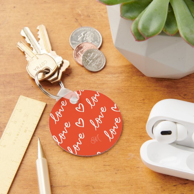 Monogram Love Lettering & Hearts Drawing Red Key Ring (Desk)
