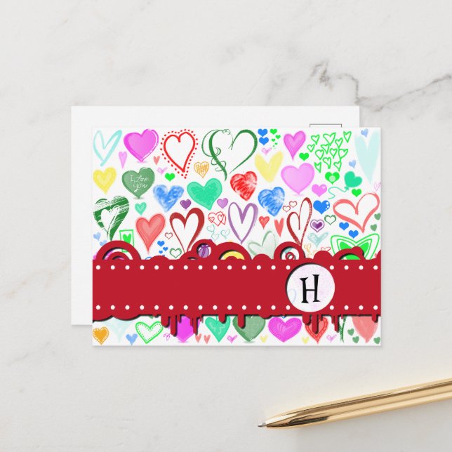 Monogram - Love, Romance, Hearts - Red Blue Pink Postcard (Front/Back In Situ)