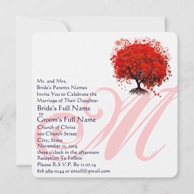 Monogram Love Tree Square  Wedding Invitation (Front)