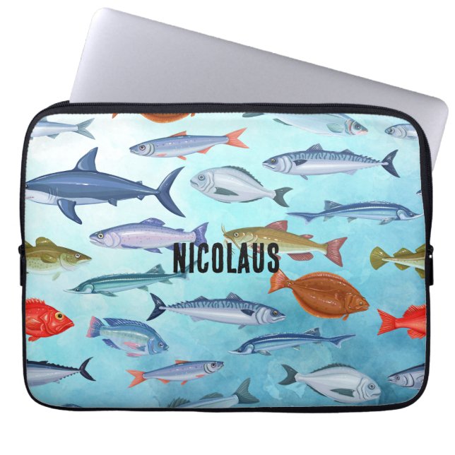 Monogram lovely ocean fish Blue pattern Modern Laptop Sleeve (Front)