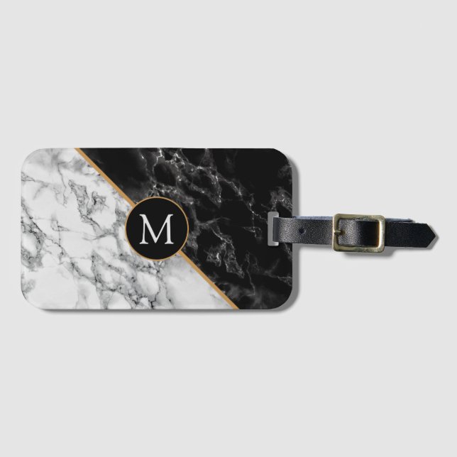 Monogram Luggage Tag Black White Marble Stone (Front Horizontal)