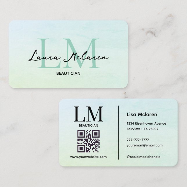 Monogram Luxe Aesthetics Mint Pastel QR Code  Business Card (Front/Back)