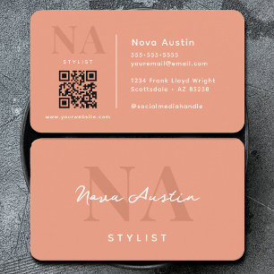 Monogram Luxe Trendy Aesthetic Coral Pink QR Cod Business Card