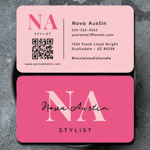 Monogram Luxe Trendy Aesthetic Cute Pink QR Code Business Card
