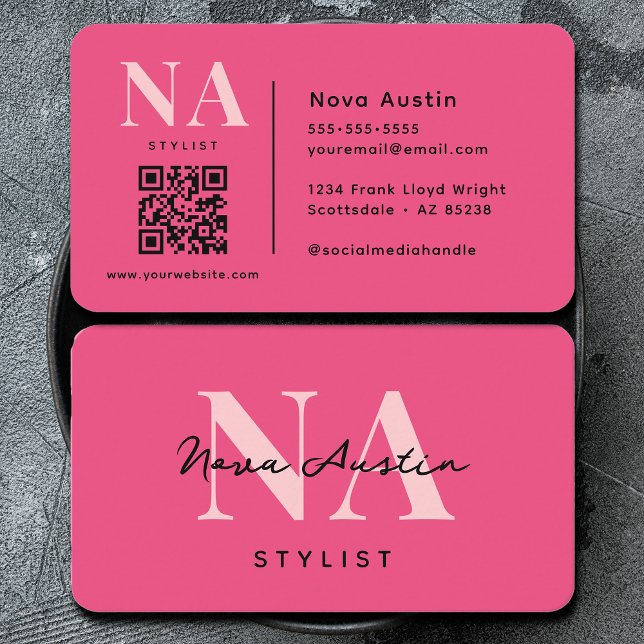 Monogram Luxe Trendy Aesthetic Hot Pink QR Code Business Card (Creator Uploaded)