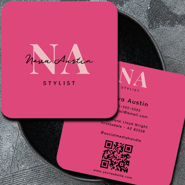 Monogram Luxe Trendy Aesthetic Hot Pink QR Code Square Business Card (Creator Uploaded)
