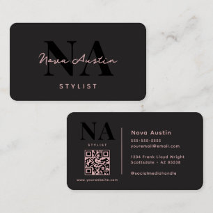 Monogram Luxe Trendy Aesthetic Pink Black QR Code Business Card