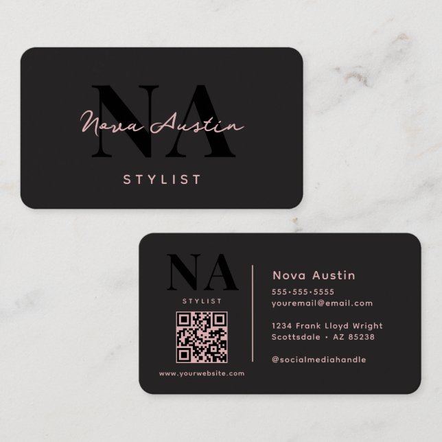 Monogram Luxe Trendy Aesthetic Pink Black QR Code Business Card (Front/Back)
