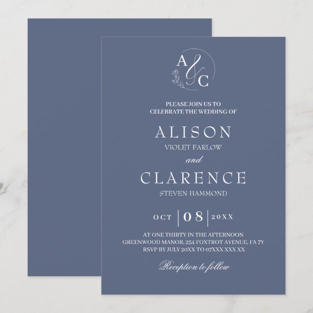 Monogram Luxury Blue Wedding Invitation (Front/Back)
