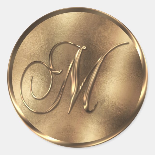 Monogram M Bronze Wedding Invitation Holiday Classic Round Sticker (Front)