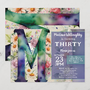 Monogram M Colourful Watercolor Flowers Birthday  Invitation