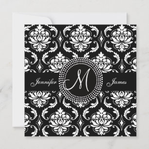 Monogram M Damask Black Wedding Invitations