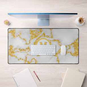  Monogram M Elegant White & Gold Marble Pattern Desk Mat