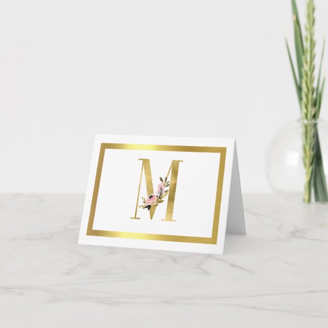 Monogram M Floral Note Card Gold (Front)