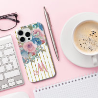 Monogram M Glam Gold Stripes Pink Aqua Roses