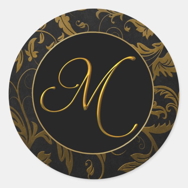 Monogram M Gold and Black Damask Wedding Seal (Front)